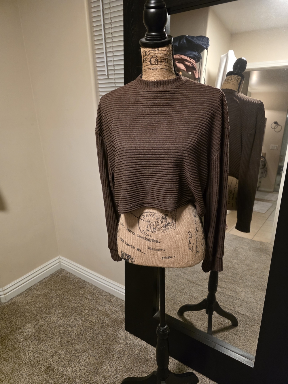 Brown Ribbed Cropped Women's Sweater